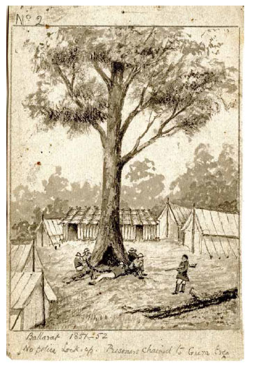 James McKain Meek Police Camp Ballarat 1852 pen and ink 17 x 13cm Royal Historical Society of Victoria, Melbourne The location of Ballarat’s original Police Camp and Camp Tree has been much debated. The tree was used by police to secure prisoners, including unlicensed diggers, before lockup facilities were built, and it became a symbol of the harsh licensing laws that played a significant part in the conditions that led to the Eureka Stockade of 1854. This image by Meek was drawn in 1852 before the Government Camp moved to a new site in present-day Camp Street. 